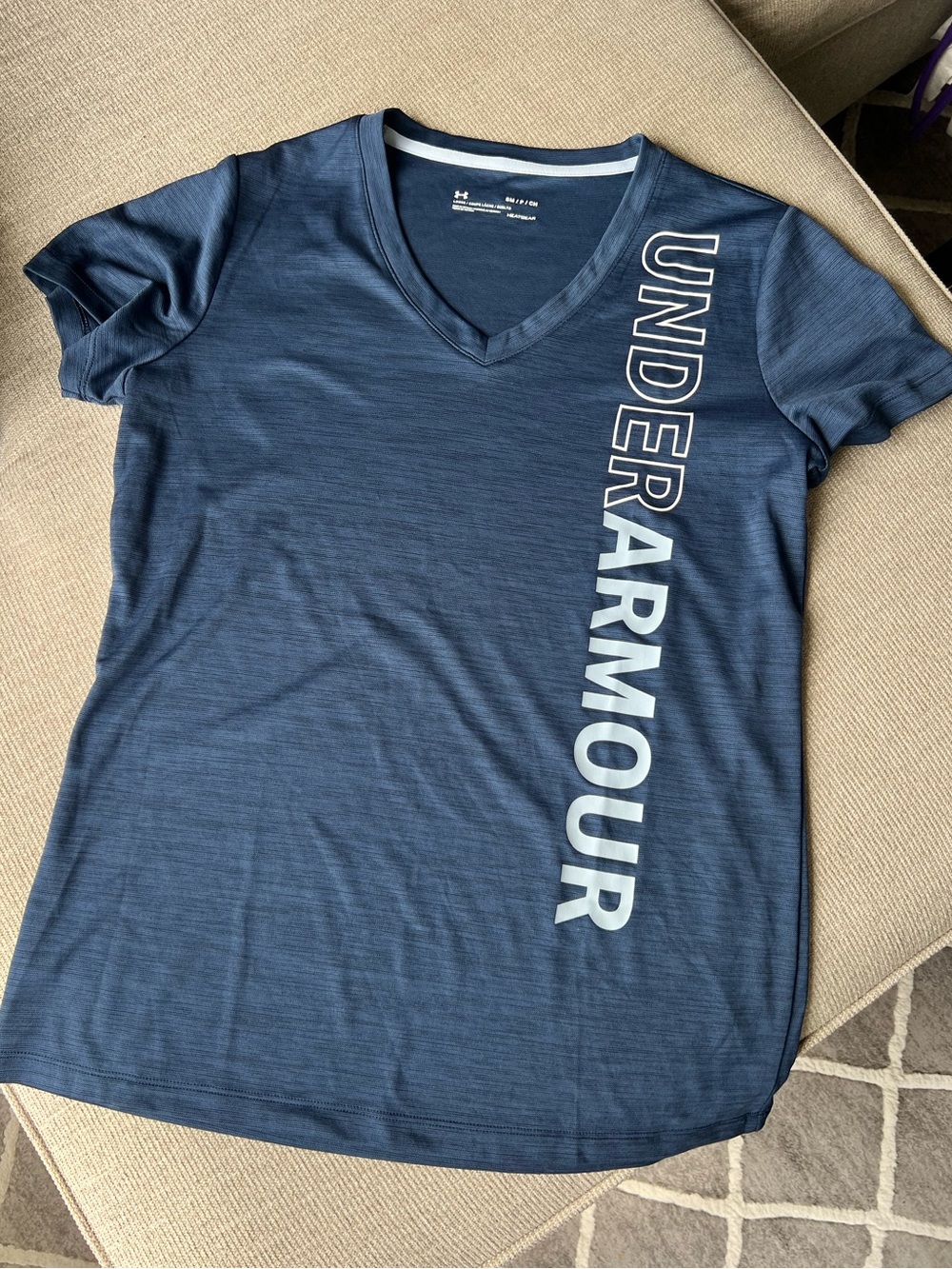 Under Armour Navy Blue V-Neck Athletic Tee with Vertical Logo